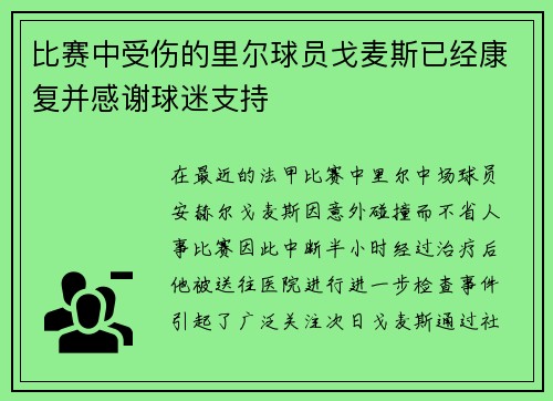 比赛中受伤的里尔球员戈麦斯已经康复并感谢球迷支持